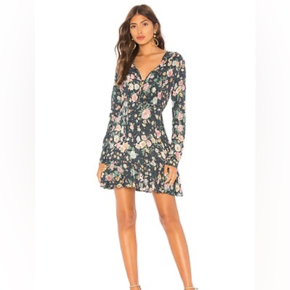 Auguste The Label Dark Green Floral V-Neck Long-Sleeve Mini Dress